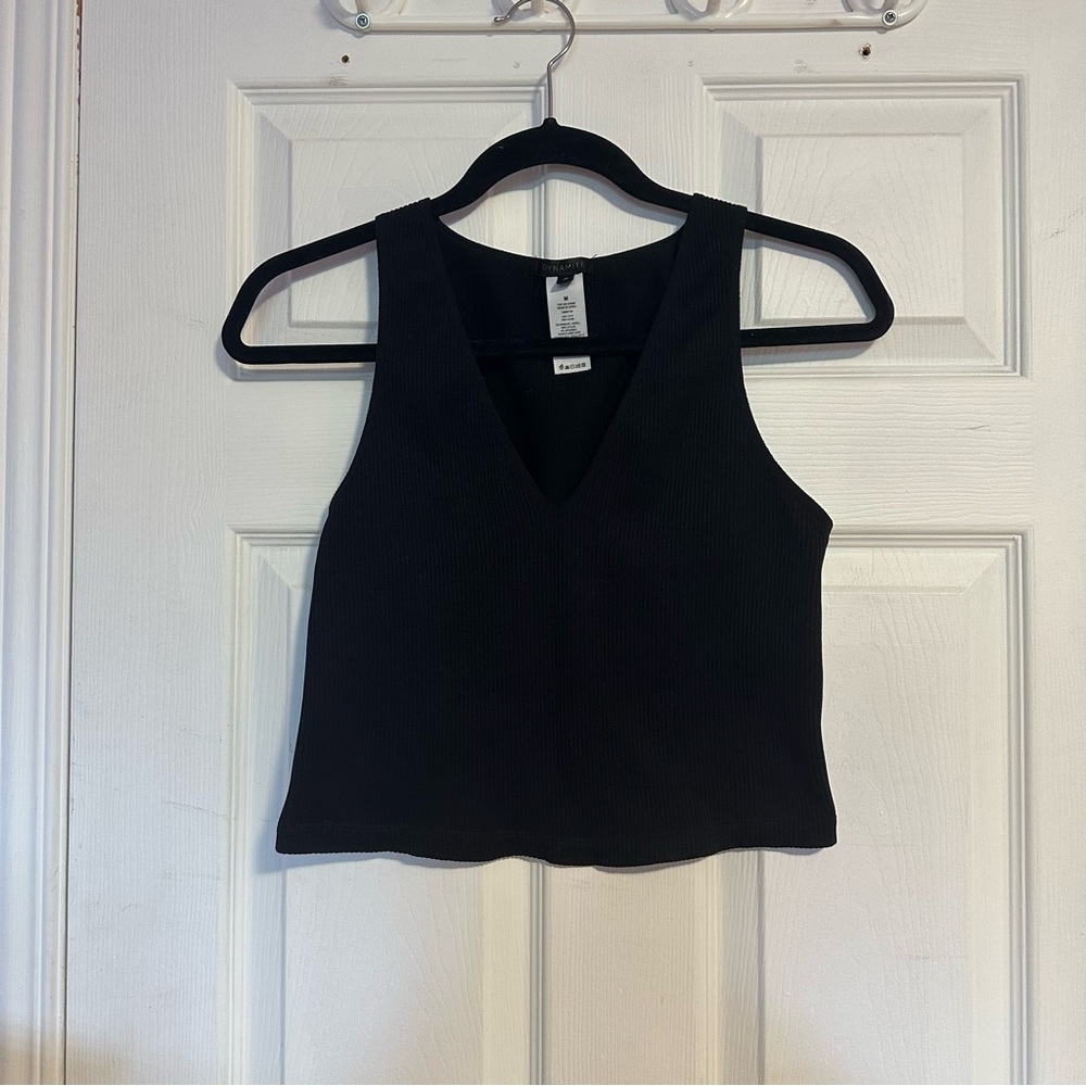 Dynamite - Black Ribbed V Neck Tank